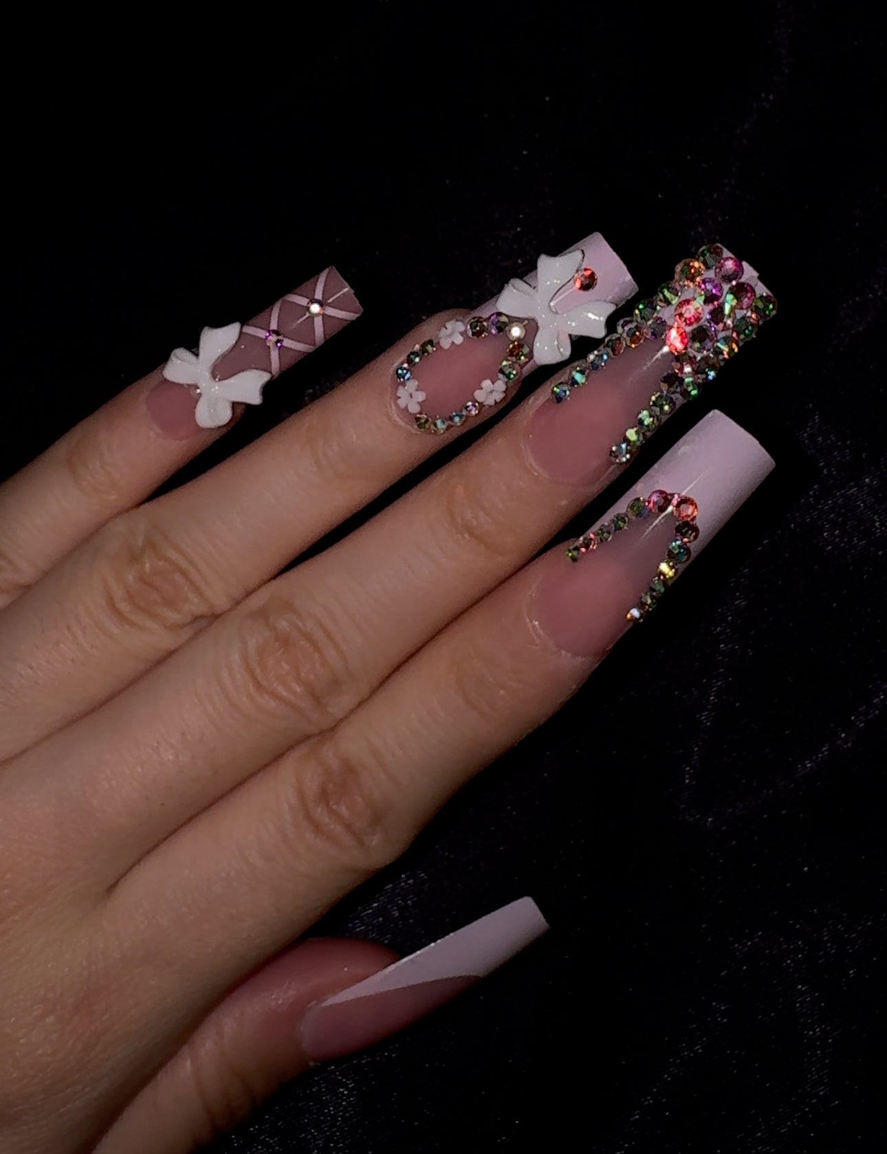 Pink floral bling nails