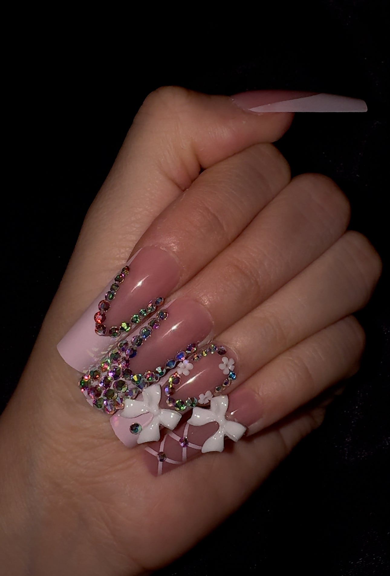 Pink floral bling nails